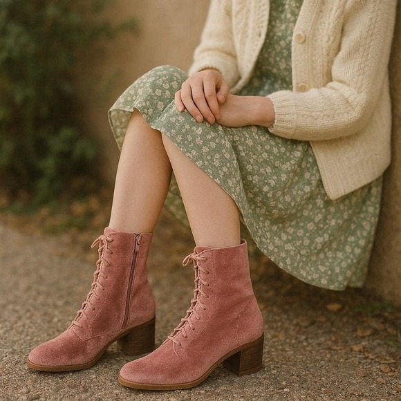 crown & ivy Shoes - Crown & Ivy Sanna BLUSH PINK Velvet Lace Up Grandmacore Boots 6.5M Victorian
